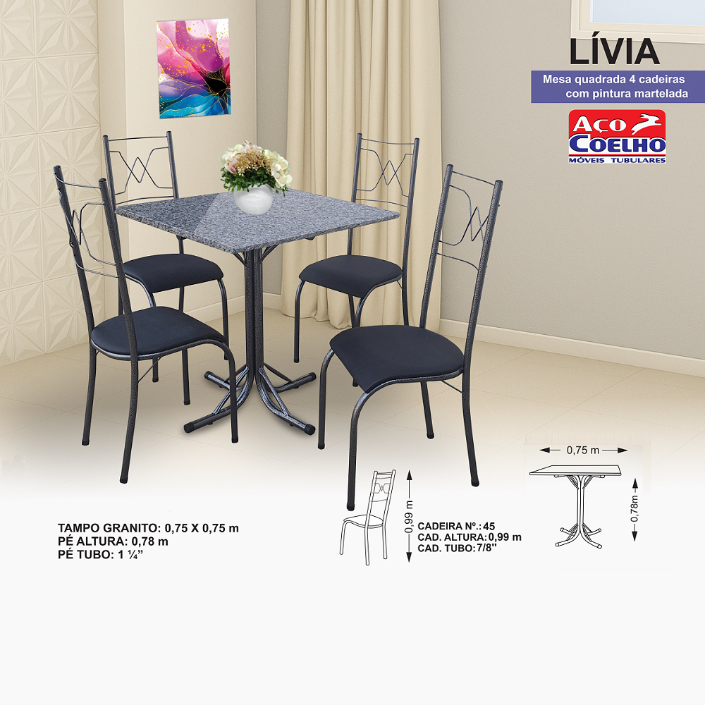 Mesa de Cozinha 4 Cadeiras Livia Luxo Tampo de Granito Quadrada 75x75cm Aço Coelho, , large image number 1