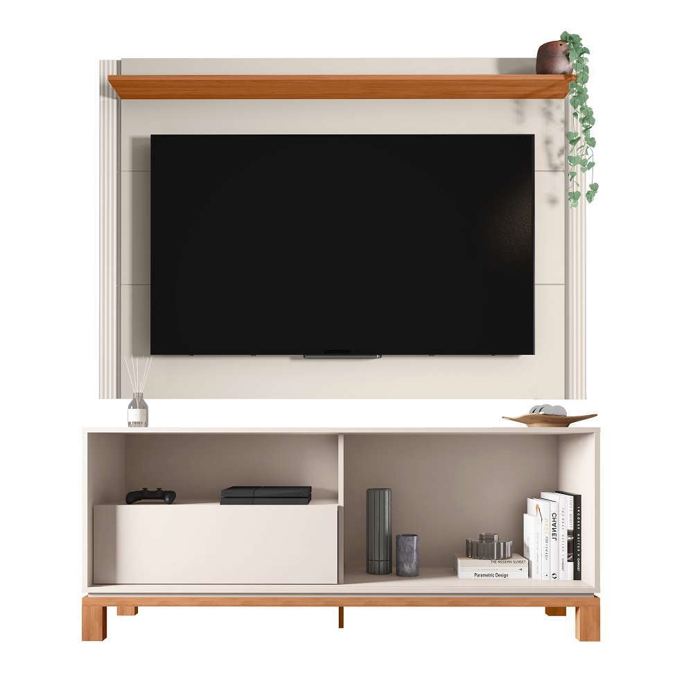 Rack Com Painel Para TV Até 55 Polegadas Off White MR/Freijó Caemmun Mondrian, , large image number 1