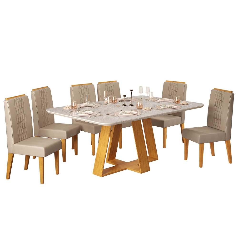 Mesa de Jantar com 6 Cadeiras Lia Retangular 170 x 90cm Cedro / Quartzo DJ Móveis Celeste
