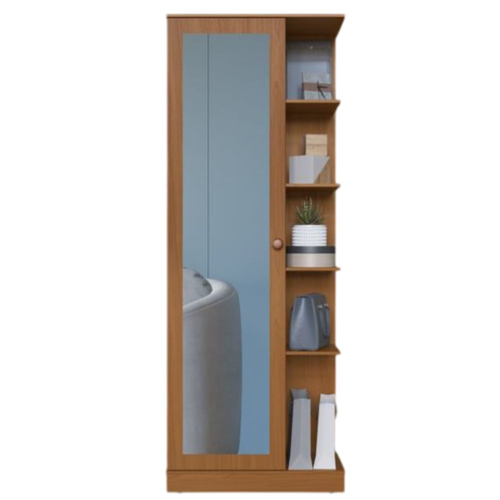 Sapateira Multiuso com Espelho 1 Porta 4 Prateleiras 181x68 cm Camile Indekés - Freijó