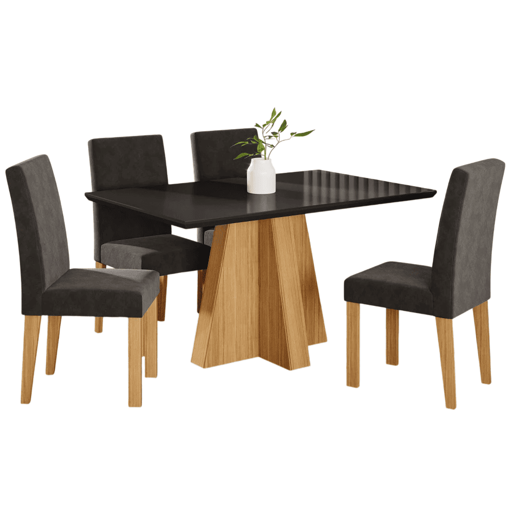 Conjunto de Mesa Sala Jantar Retangular 130x80 com 4 Cadeiras Maia Nature/Chumbo Cimol Patr&iacute;cia