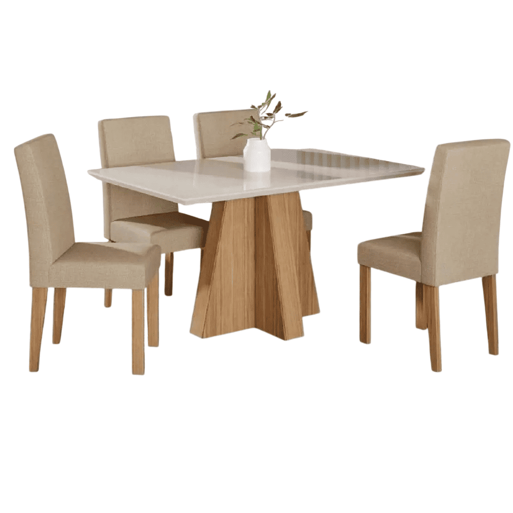 Conjunto De Mesa Sala Jantar Retangular 130x80 Com 4 Cadeiras Maia Nature/Off White Cimol Patr&iacute;cia