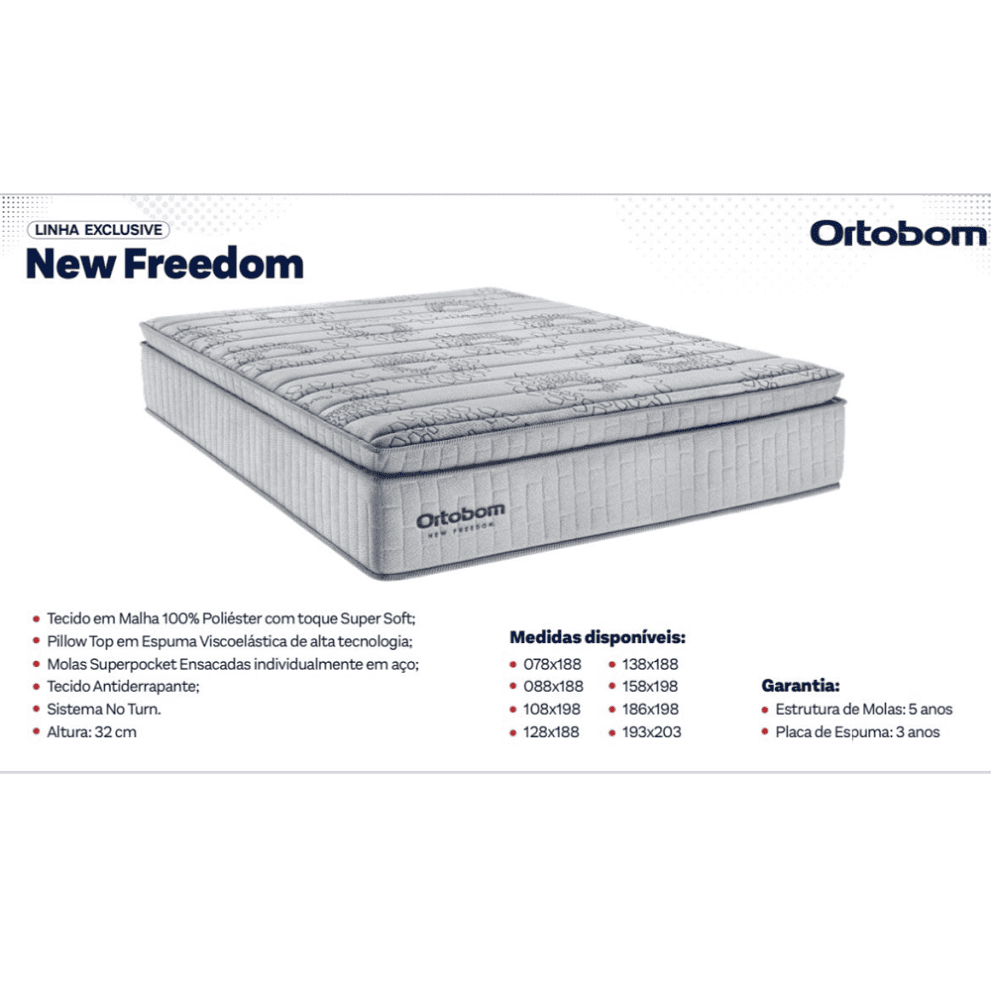 Cama Box Queen Colchao com Base Courino Branca D33 Molas Ensacadas Freedom 158x198x74cm Ortobom, , large image number 4