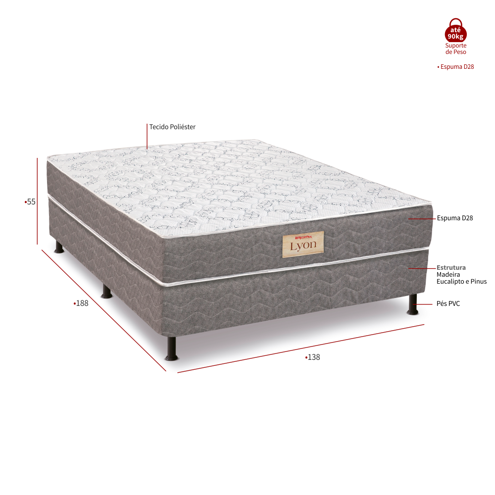 Cama Box Conjugada Casal Espuma D28 Lyon 188x138x55 cm Reconflex, , large image number 1