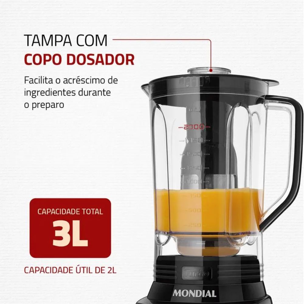 Liquidificador Mondial Turbo com Filtro 12 Velocidades L-1100-BI 3 Litros 220V 1100W, Preto, large image number 4