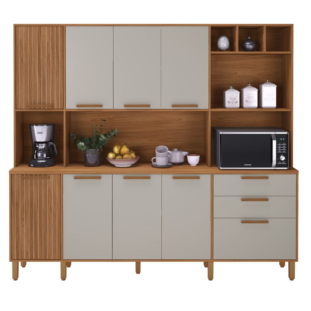 Kit Cozinha Indekes Porto 9 Portas 2 Gavetas 219x198x45,2cm Freijó/Off White