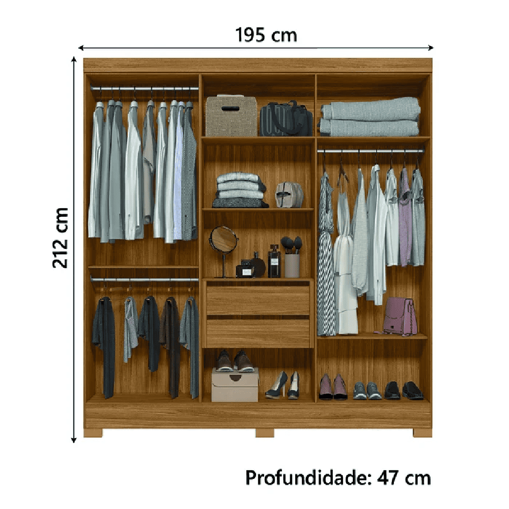 Guarda-Roupa Casal 6 Portas 2 Gavetas com Espelho Freij&oacute;/Off White Moval Valen&ccedil;a Ripado, , large image number 4