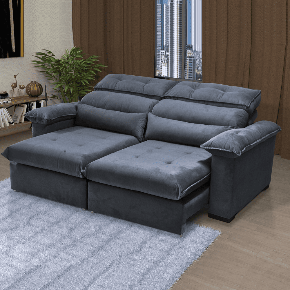 Sof&aacute; 2 Lugares 2 Assentos Retr&aacute;til e Reclin&aacute;vel Tecido Camu&ccedil;a Cinza 235 cm JA Floyd, , large image number 2