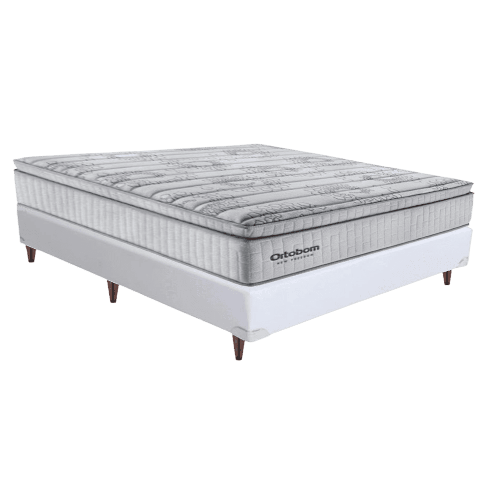 Cama Box Queen Colchao com Base Courino Branca D33 Molas Ensacadas Freedom 158x198x74cm Ortobom