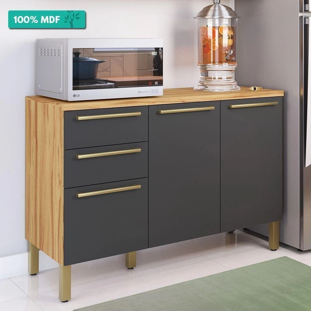 Balcão de Cozinha com Tampo 3 Portas 2 Gavetas Amendoa/Chumbo Rio Doce Napoli Prime - 100% MDF, , large image number 1
