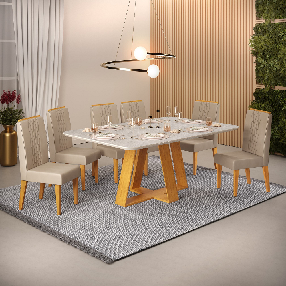 Mesa de Jantar com 6 Cadeiras Lia Retangular 170 x 90cm Cedro / Quartzo DJ Móveis Celeste, , large image number 1