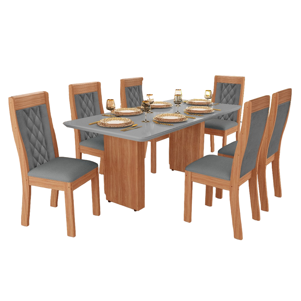 Conjunto de Mesa Tuboarte Helena com 6 Cadeiras Bella Tampo de Vidro 160cm Freijó/Grafite/Del Cinza