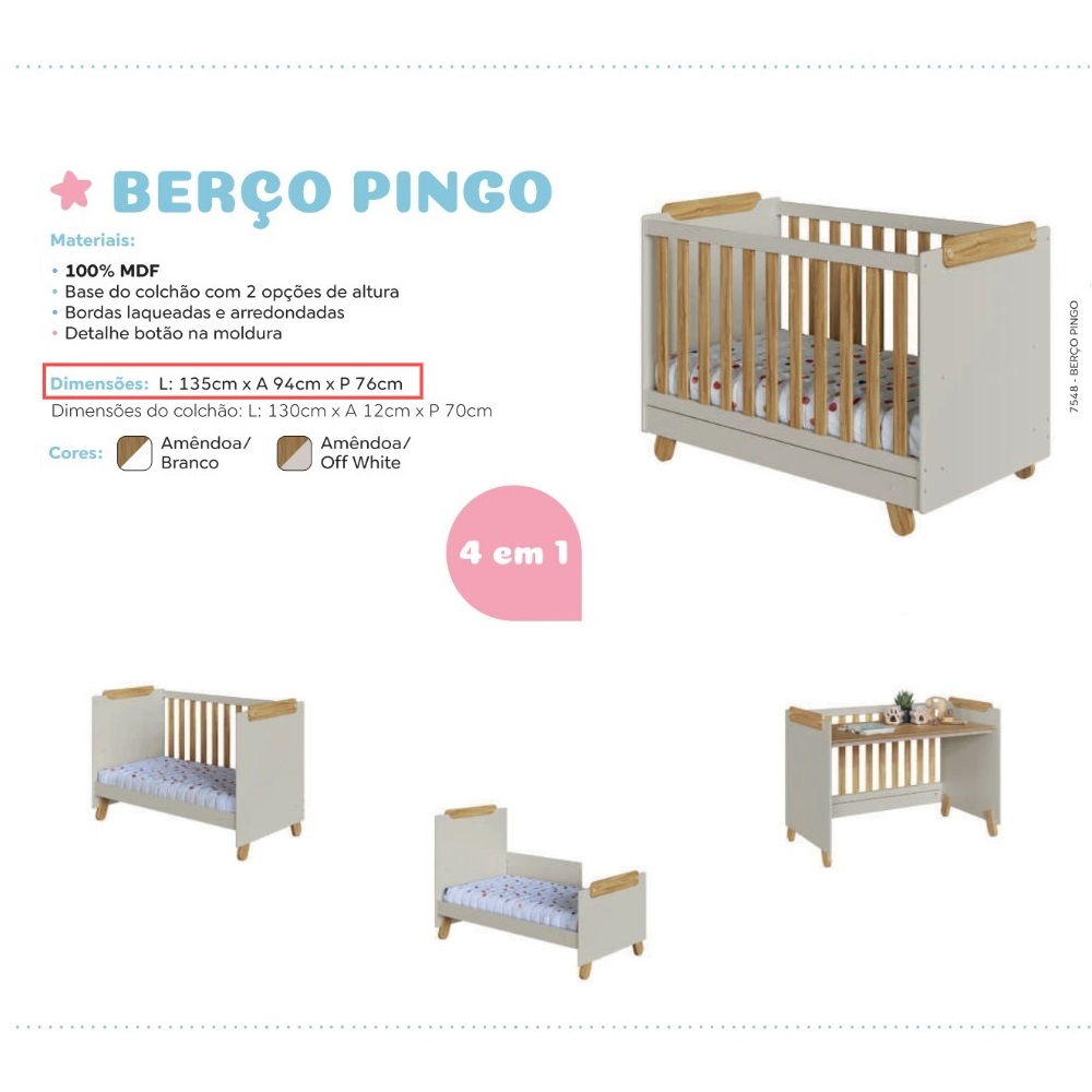Ber&ccedil;o Mini-Cama/Escrivaninha/Mini-Sof&aacute; Pingo Am&ecirc;ndoa/Off White 70x130 Peroba, , large image number 4