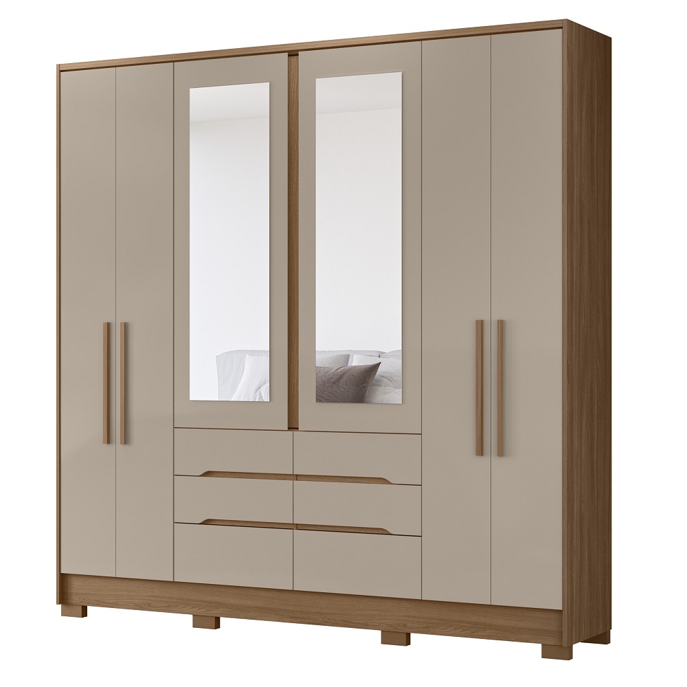 Guarda-Roupa Casal 6 Portas 6 Gavetas com Espelho Carvalho/Fendi Moval San Francisco