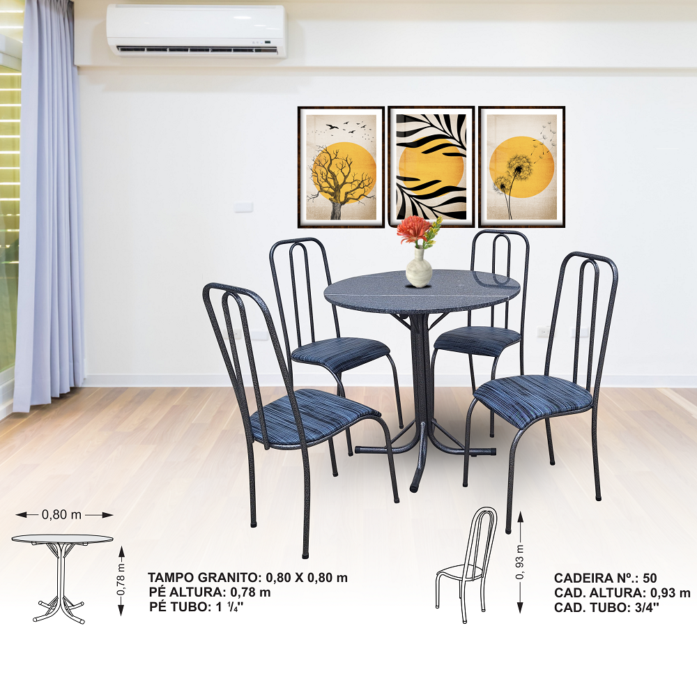 Mesa de Cozinha 4 Cadeiras Redonda Aço Coelho Preta Cilene Granito