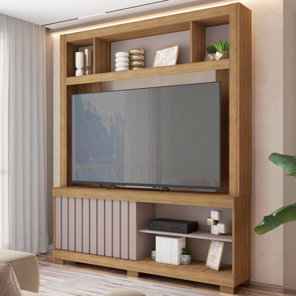 Estante Home Para TV até 55 Polegadas 1 Porta Ripada Mel/Cacao Perfect Caemmun Cinne