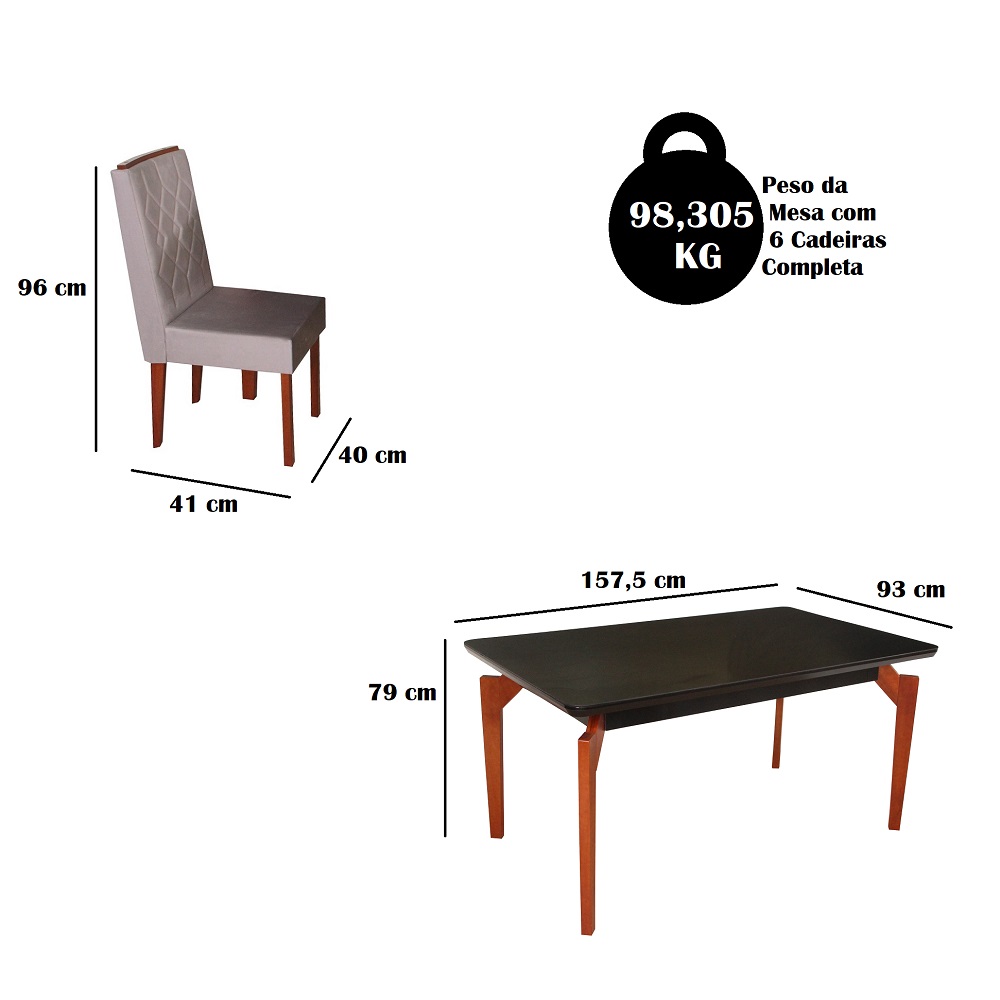 Mesa De Jantar 6 Cadeiras Retangular Tampo de Vidro São Carlos Abeille Mel/Preto, , large image number 3