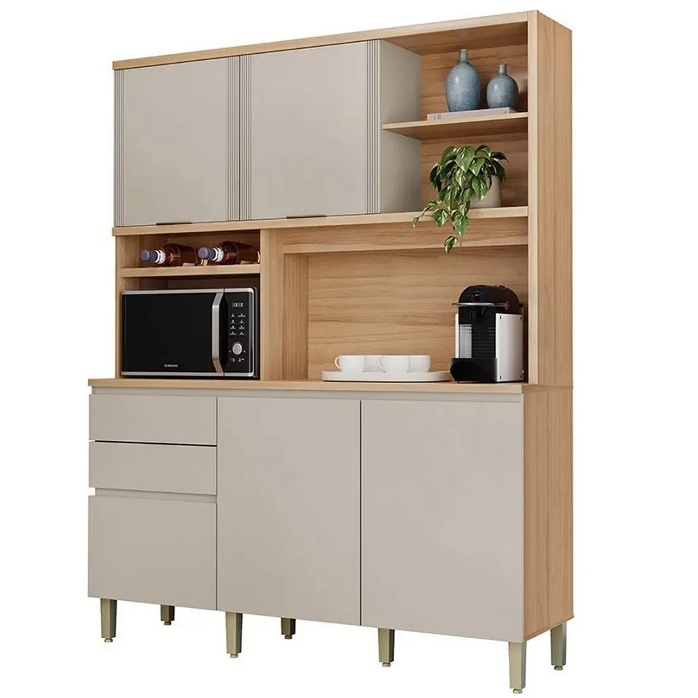 Arm&aacute;rio de Cozinha 5 Portas 2 Gavetas Jequitib&aacute;/Gris L&iacute;nea Austin - 100% MDF