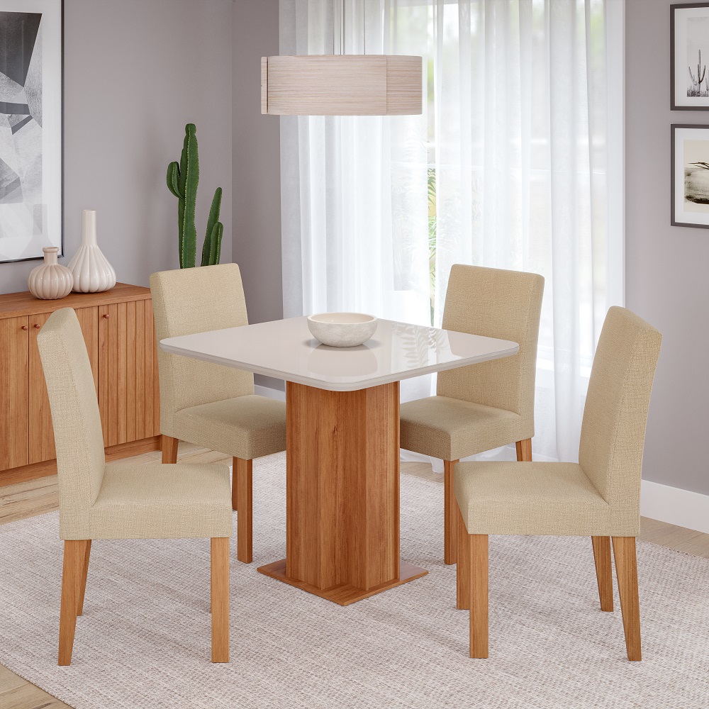 Mesa de Jantar 4 Cadeiras Maia Quadrada 95x95cm Cinamomo/Off White/Gengibre Cimol Sophia 100% MDF, , large image number 1