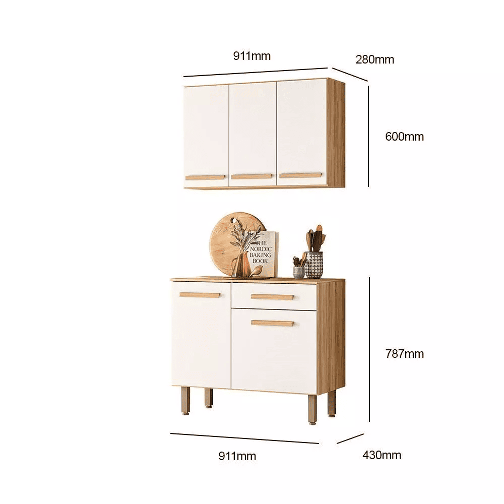 Arm&aacute;rio De Cozinha Com A&eacute;reo E Balc&atilde;o 5 Portas 1 Gaveta Freij&oacute;/Off White Nicioli Lemon, , large image number 6