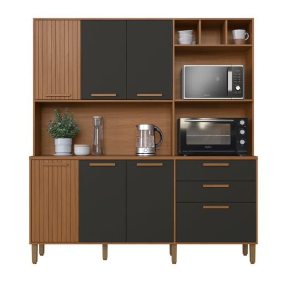 Kit Cozinha Indekés Porto 7 Portas 2 Gavetas 180x198x45cm Freijó/Chumbo