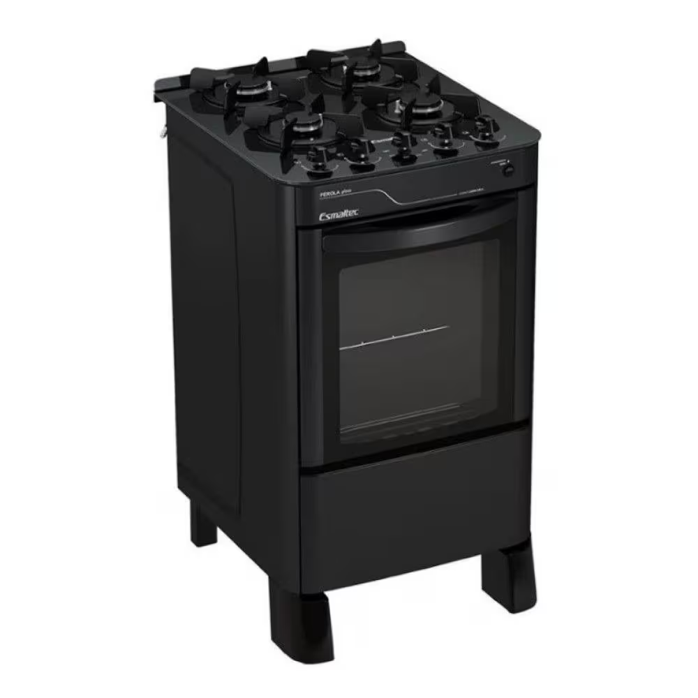Fogão Esmaltec Pérola Glass 4 Bocas Acendimento automático Mesa de Vidro 4115 Preto