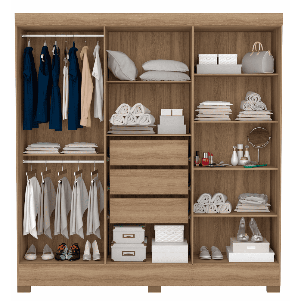 Guarda-Roupa Casal com Espelho 6 Portas 3 Gavetas Amendoa/Off White Dem&oacute;bile Pr&aacute;tico, , large image number 2