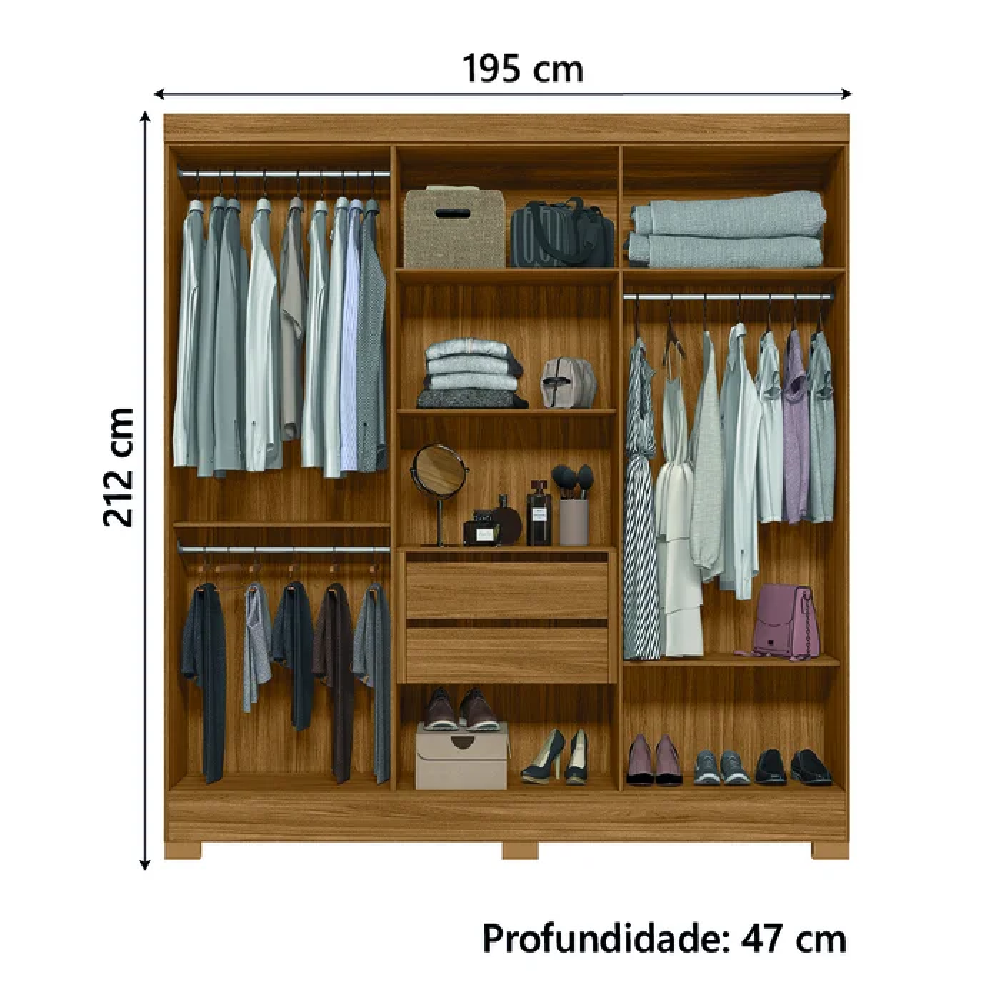 Guarda-Roupa Casal 6 Portas 2 Gavetas com Espelho Freijó/Off White Moval Valença Ripado, , large image number 4