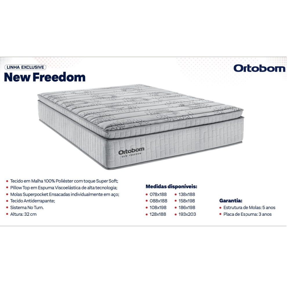 Cama Box Casal Colchão + Base Courino D33 Molas Ensacadas Freedom Branco 138x188x74 cm Ortobom, , large image number 1