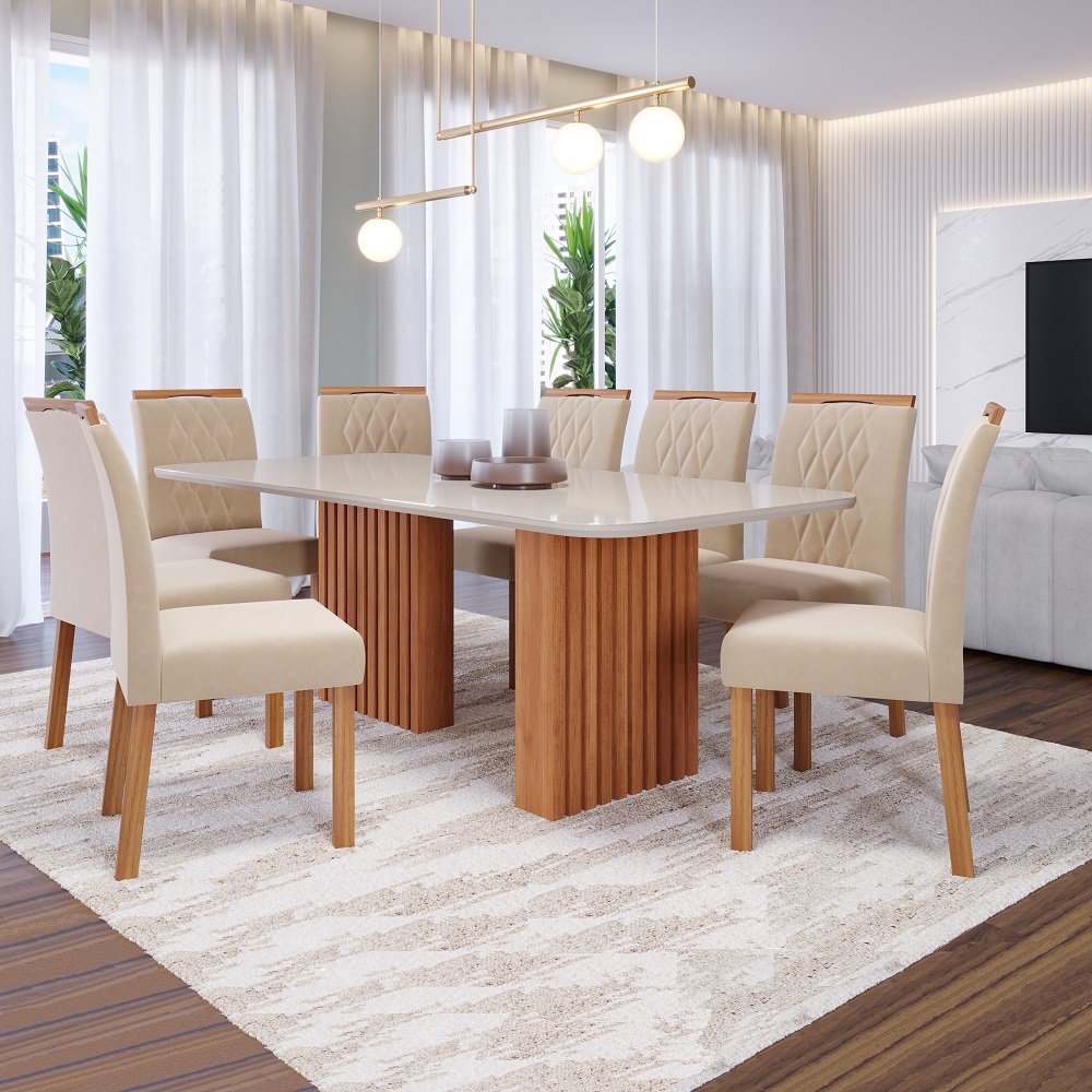 Conjunto de Mesa Sala Jantar Retangular 210x100 8 Cad Juliana Cinam/Off White Cimol Ester