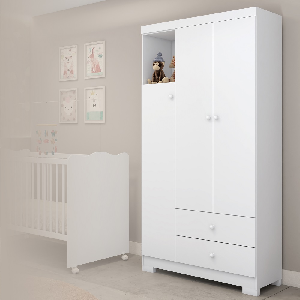 Guarda-Roupa Infantil 3 Portas 2 Gavetas Flok Estrela Branco, , large image number 1