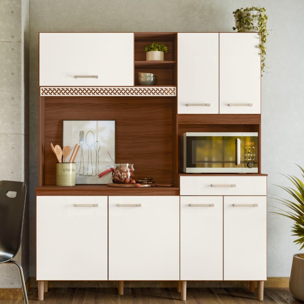 Kit Cozinha 7 Portas 1 Gaveta MDP Avelã/Off white Nicioli Yaya