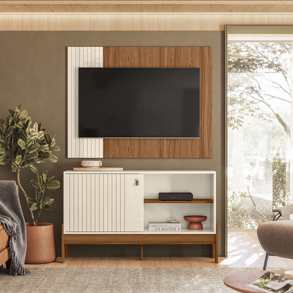 Rack Com Painel Para TV Até 42 Polegadas Cinamomo Mel / White Möbler Wood 1.2, , large image number 2
