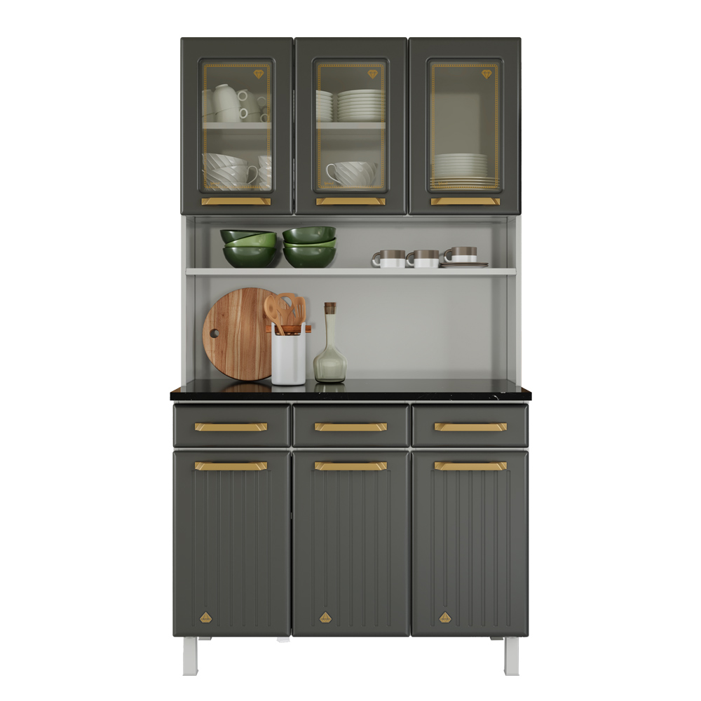 Kit de Cozinha 105 cm 6 Portas 3 Gaveta 3 Prateleiras Cinza Telasul Diamante New