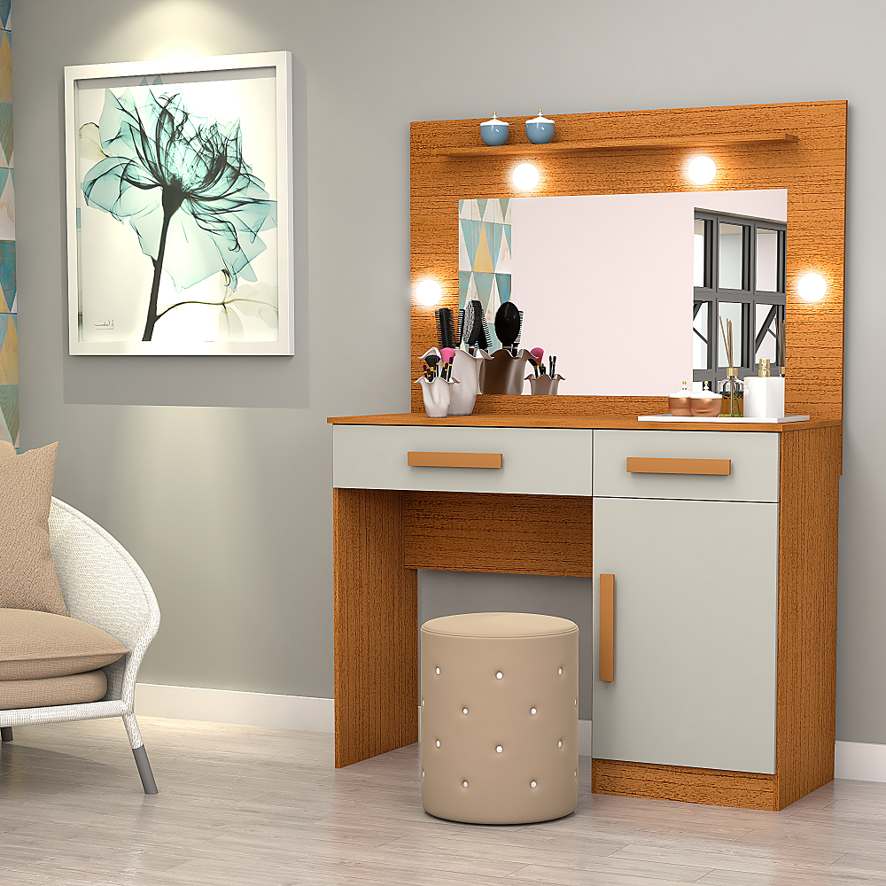 Penteadeira Nature/Off White com Espelho Luz LED 1 Pt 2 Gav 1 Prat Mágno Móveis Munique - 100% MDF, , large image number 1