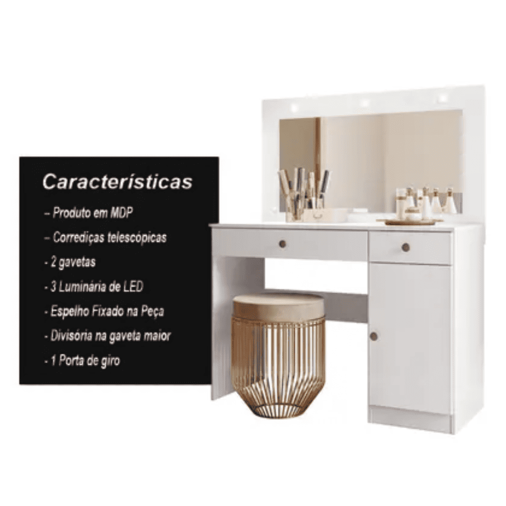 Penteadeira Camarim com Led 1 Porta 2 Gavetas Branco MDP Bella Moval, , large image number 4