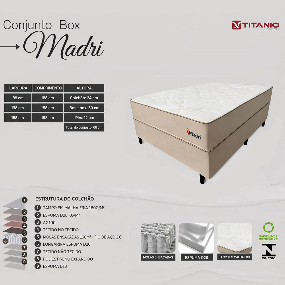 Conjunto Box Queen Molas Ensacadas Tit&acirc;nio Madri Bege D-26/D-28 158x188x66 cm, , large image number 2