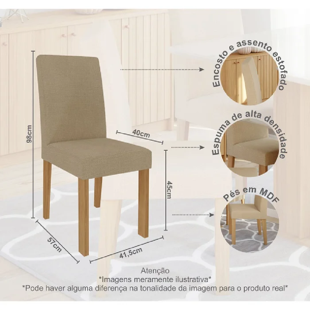 Conjunto de Mesa Sala de Jantar 4 Cadeiras Maia Retangular 130x80 Cinam/OffW/Gengibre Cimol Maitê, , large image number 2