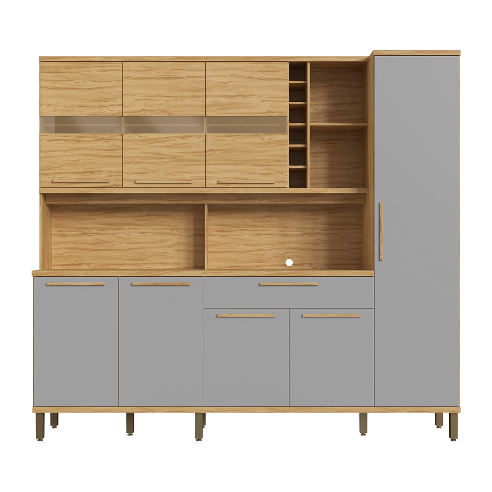 Kit de Cozinha 222 cm 8 Portas 1 Gaveta Amêndoa/Cinza Rio Doce Touriga