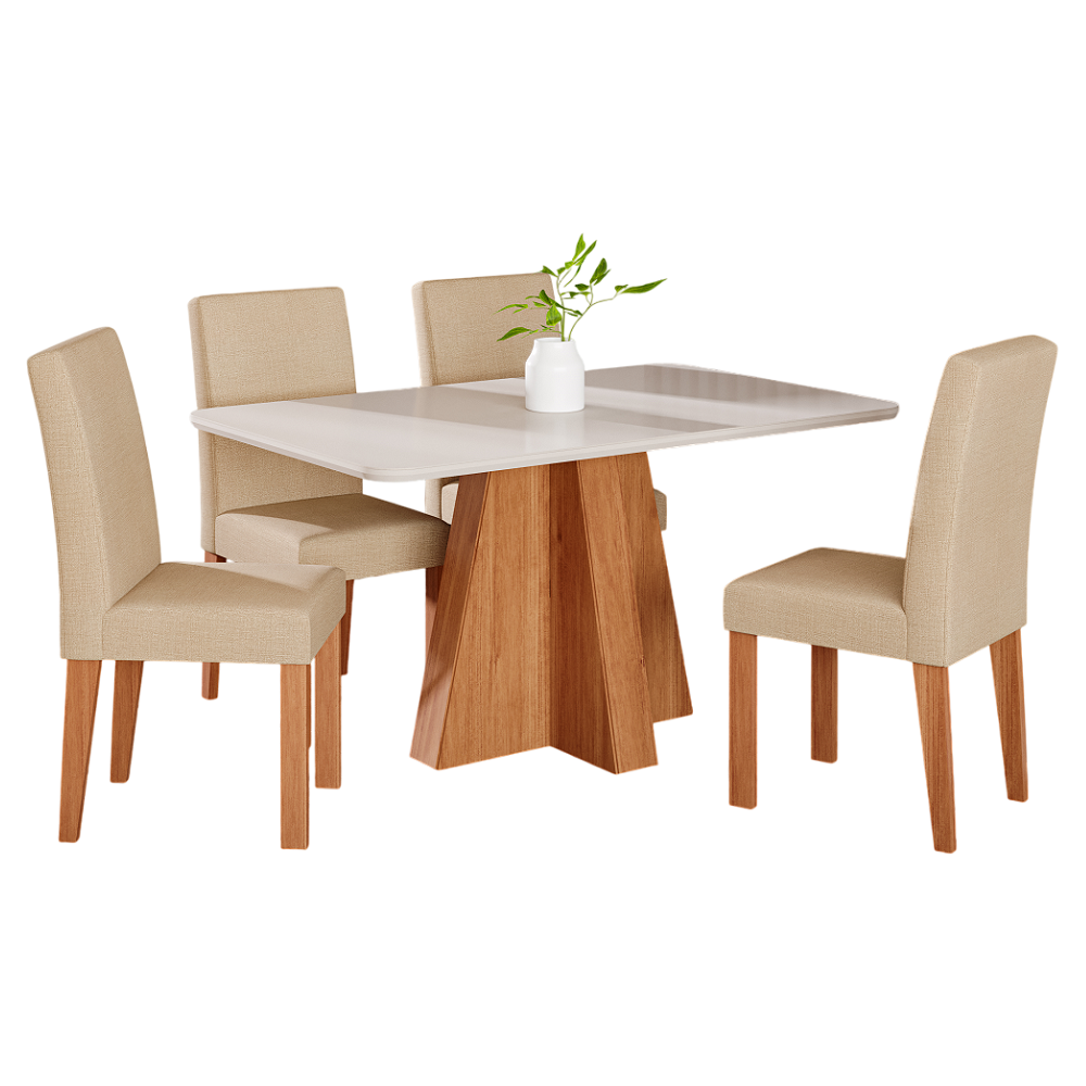 Conjunto de Mesa Sala de Jantar 4 Cadeiras Maia Retangular 130x80 Cinam/OffW/Gengibre Cimol Maitê