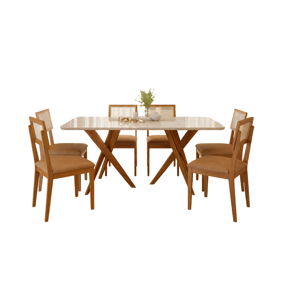 Mesa Sala de Jantar 6 Cadeiras Palmas Retangular 180x90 Madeira/Off White/Kaki Cimol Cacau