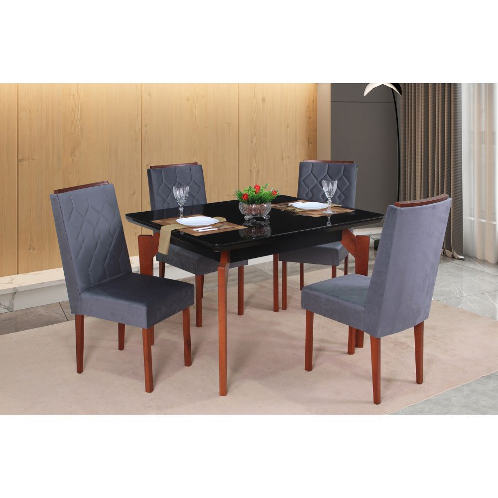 Mesa de Jantar 4 Cadeiras Retangular Tampo de Vidro Abeille São Carlos Cinza/Mel, , large image number 1