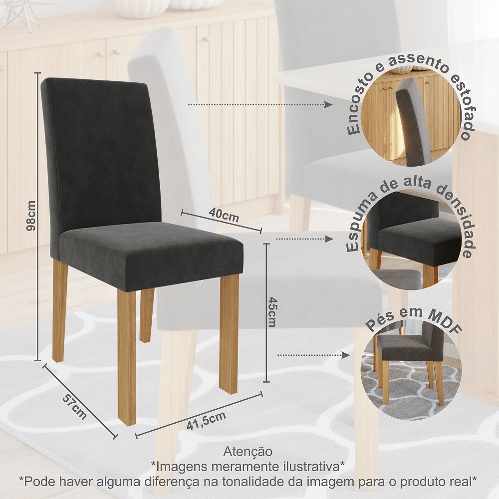 Conjunto de Mesa Sala Jantar Retangular 130x80 com 4 Cadeiras Maia Nature/Chumbo Cimol Patrícia, , large image number 4