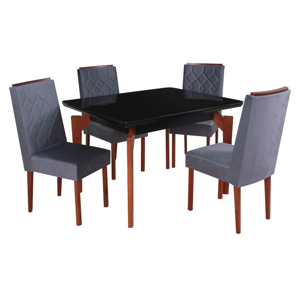 Mesa de Jantar 4 Cadeiras Retangular Tampo de Vidro Abeille São Carlos Cinza/Mel