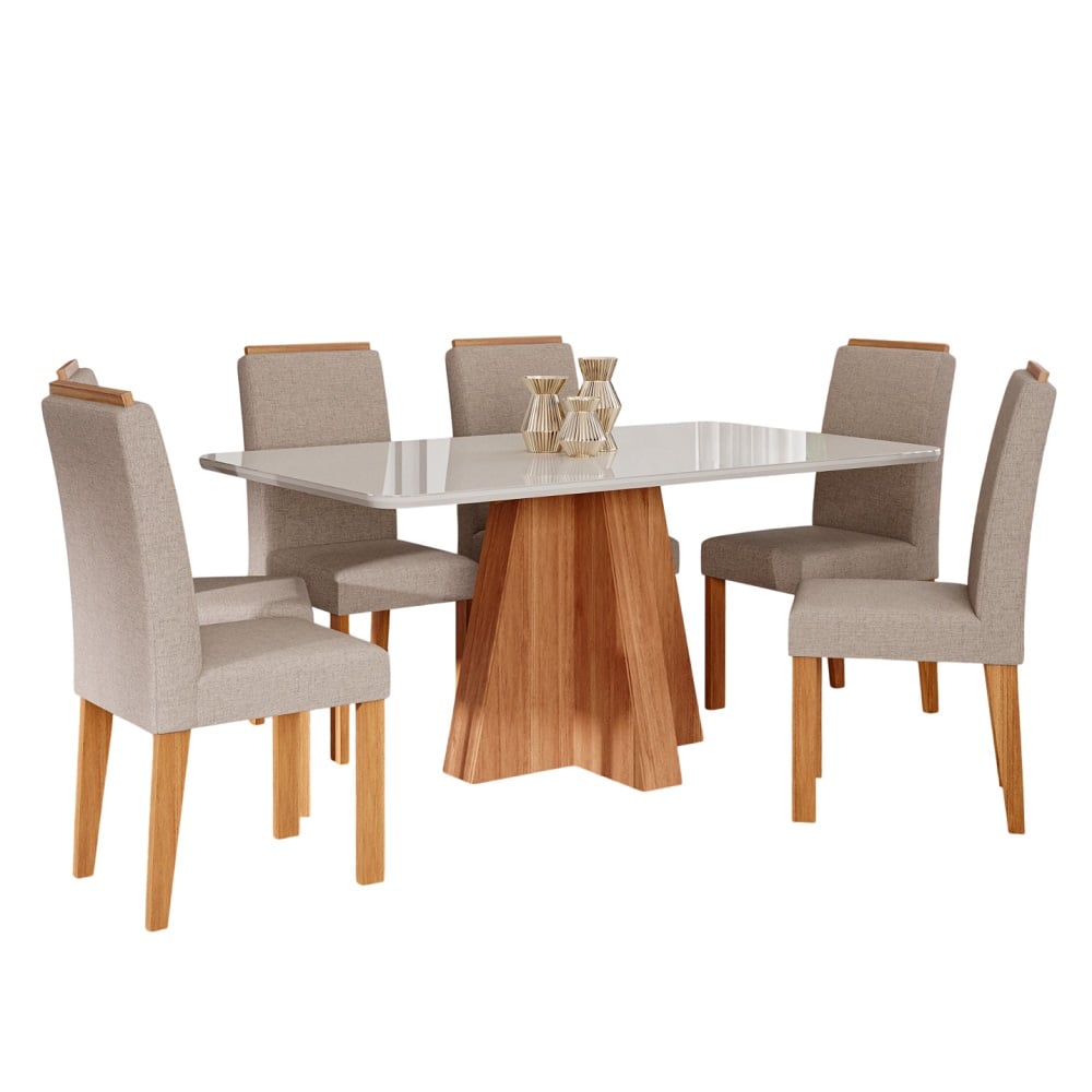 Conjunto Mesa de Jantar 6 Cad Julia Cimol Patr&iacute;cia 160x80 Cinamomo/Off White/Linho Bege