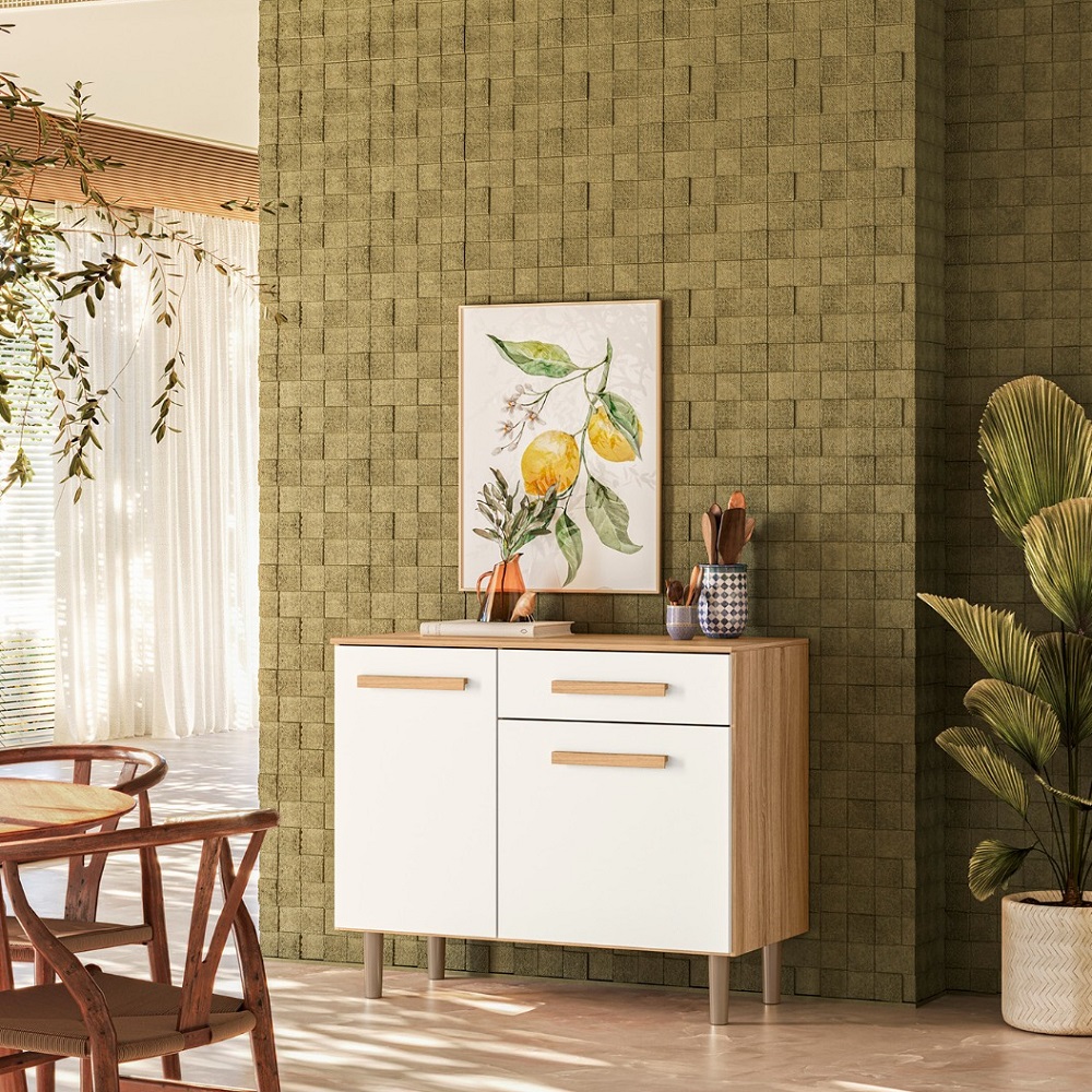 Balcão de Cozinha com Tampo 2 Portas 1 Gavetas e 1 Prateleira Freijó/Off White Nicioli Lemon