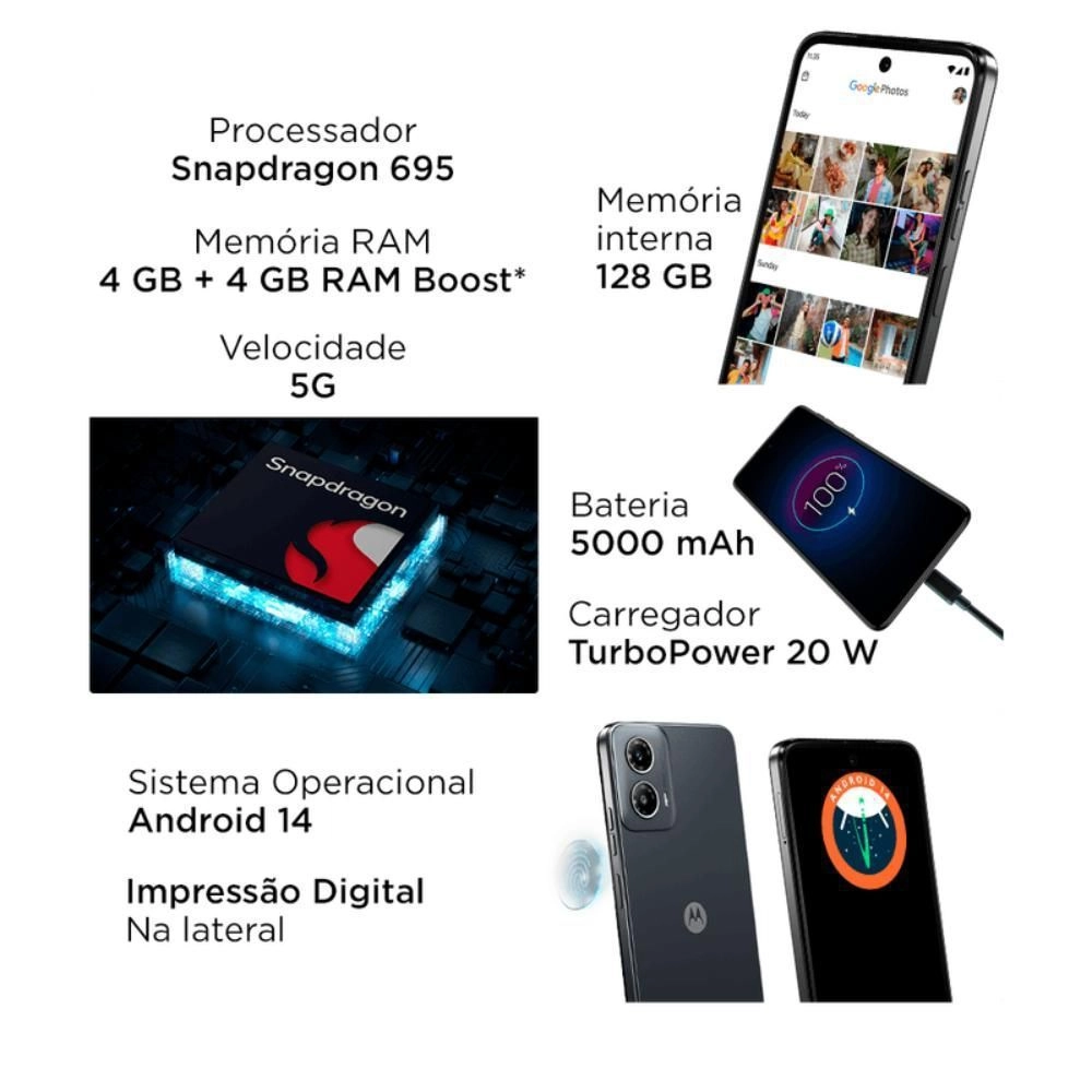 Smartphone Motorola Moto G34 Preto128GB 4GB RAM Tela 6,5" Câmera 50MP + 2MP  Selfie 16MP 5G, , large image number 5