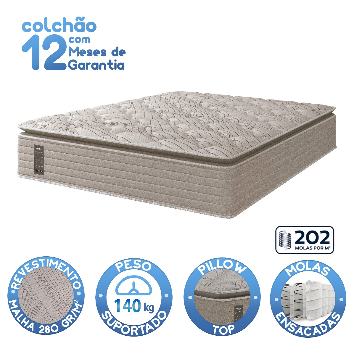 Colchão King Bronx de Molas Ensacadas Bege com Pillow 193x203x75 cm Umaflex, , large image number 1