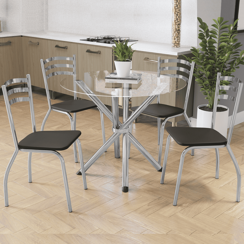 Conjunto Mesa Redonda de Vidro com 4 Cadeiras Cromado/Preta Kappesberg Portugal, , large image number 1