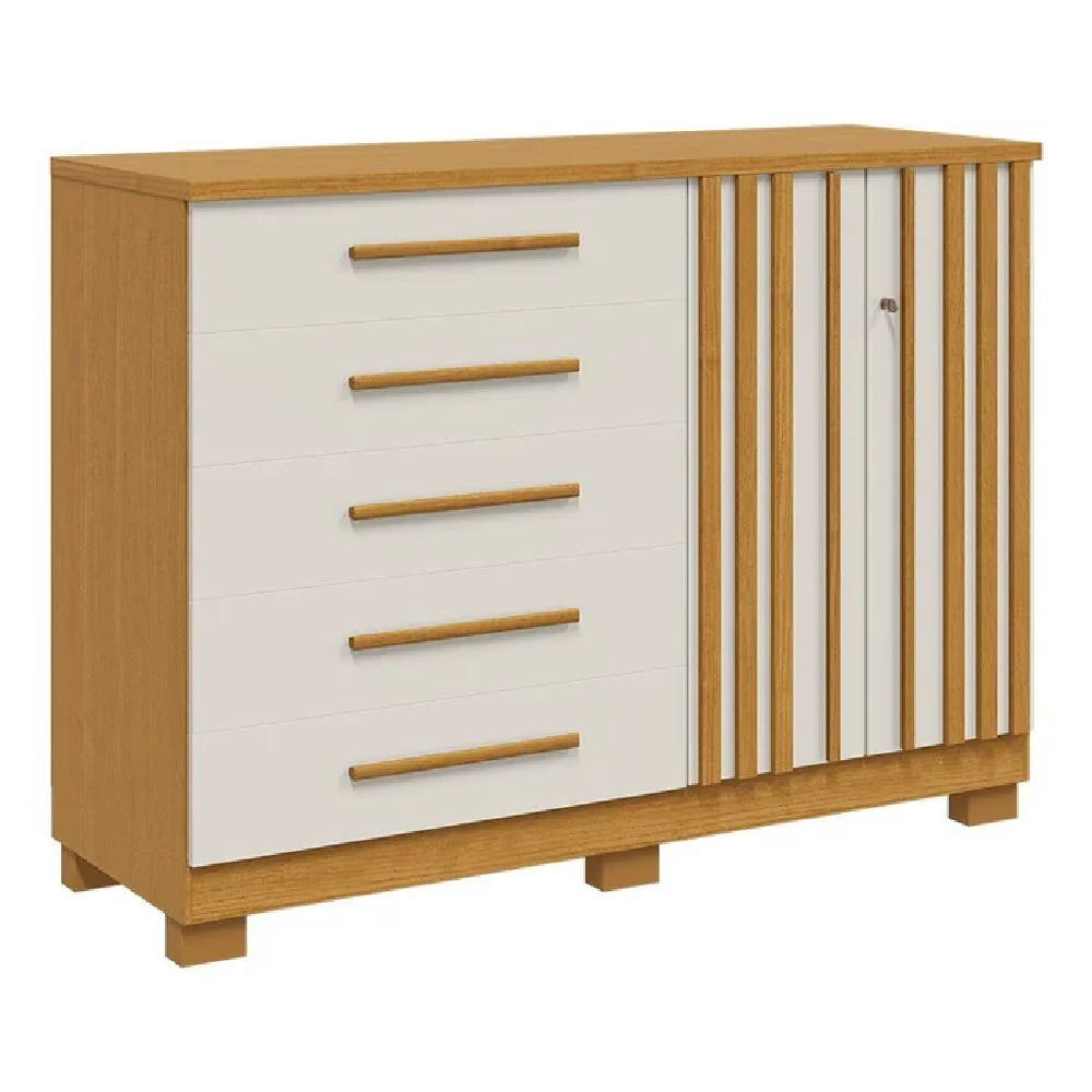 Cômoda ACP Bella 2 Portas com Chave 5 Gavetas 2 Prateleiras Cinamomo/Off White 100% MDF